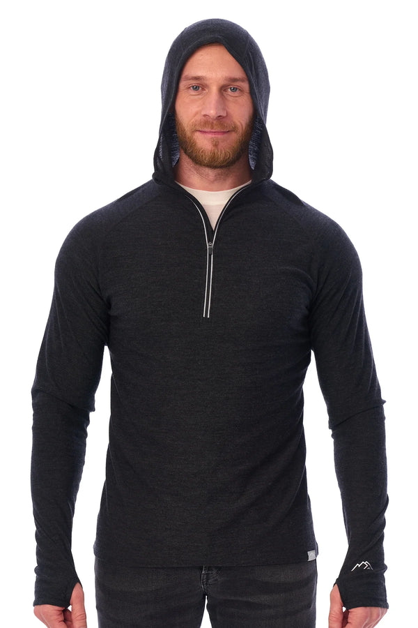 Men's Merino Wool Half Zip Hoodie 190 Charcoal Grey
