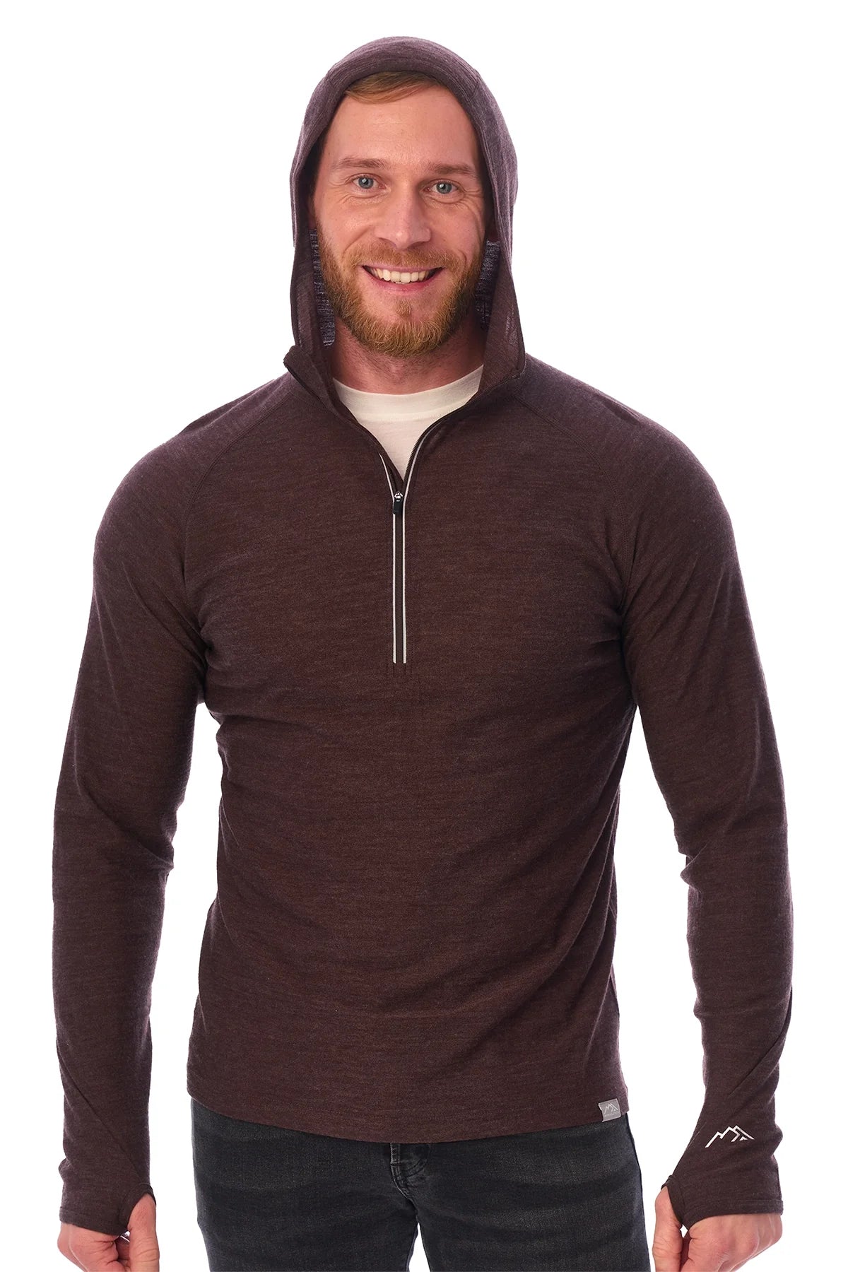 Men's Merino Wool Half Zip Hoodie 190 Chocolate