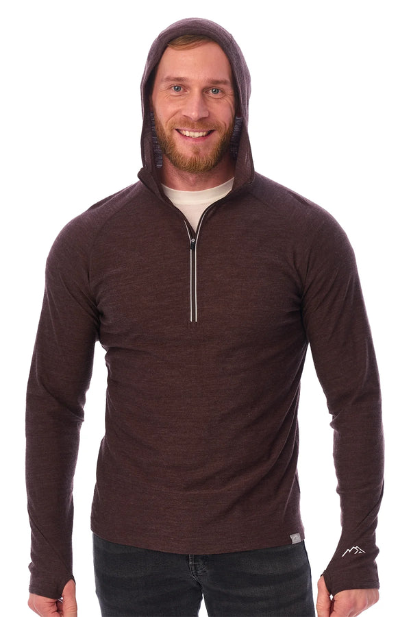Men's Merino Wool Half Zip Hoodie 190 Chocolate