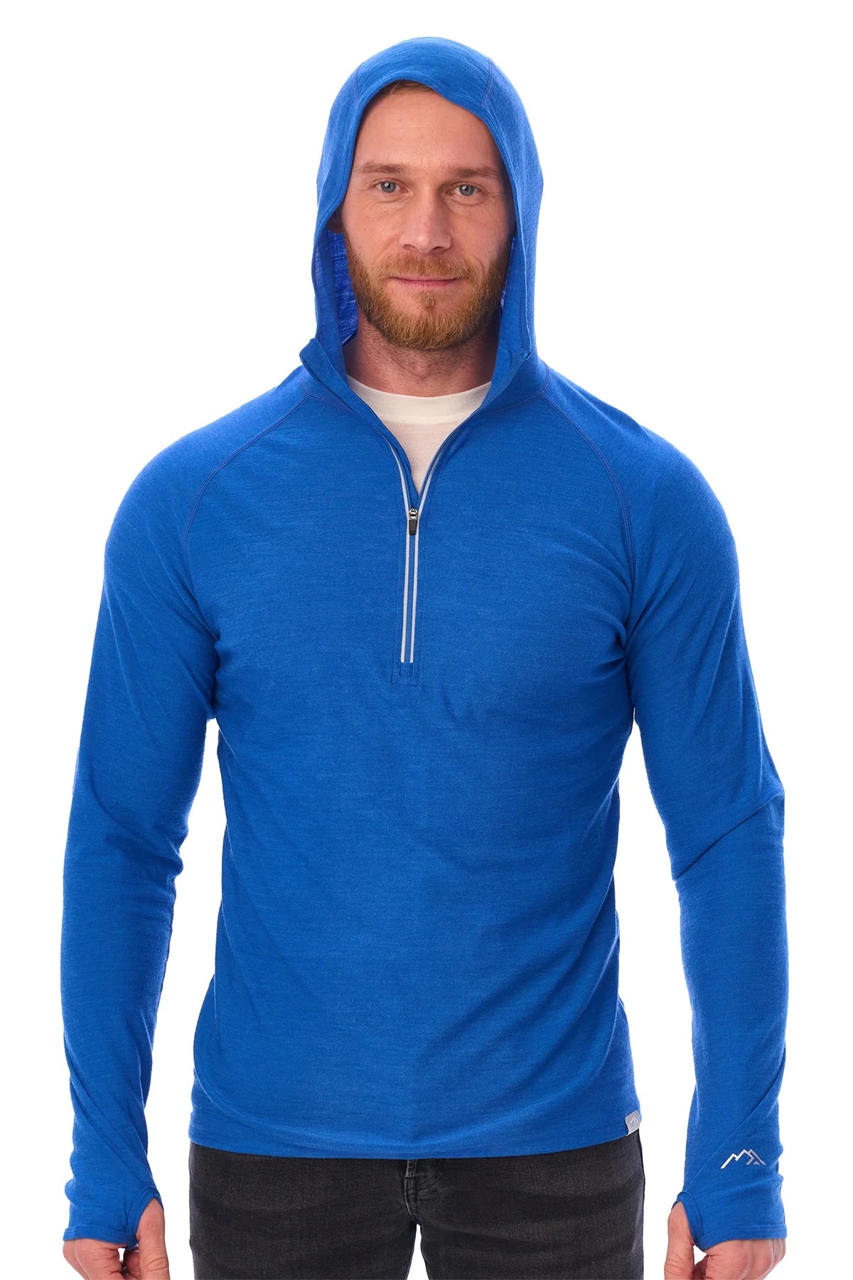 Men's Merino Wool Half Zip Hoodie 190 Cobalt Blue