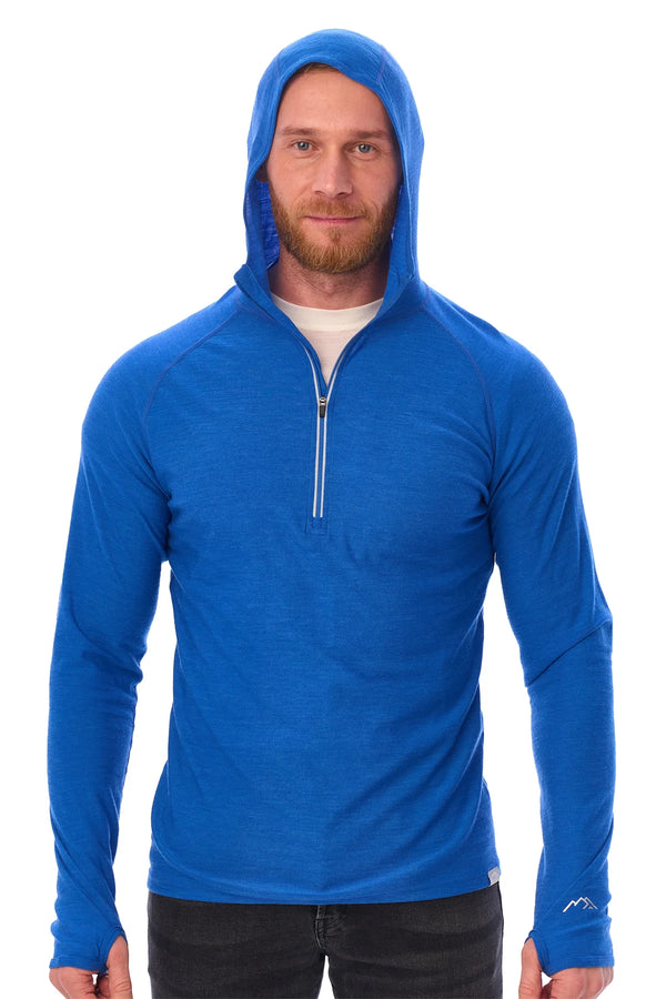 Men's Merino Wool Half Zip Hoodie 190 Cobalt Blue