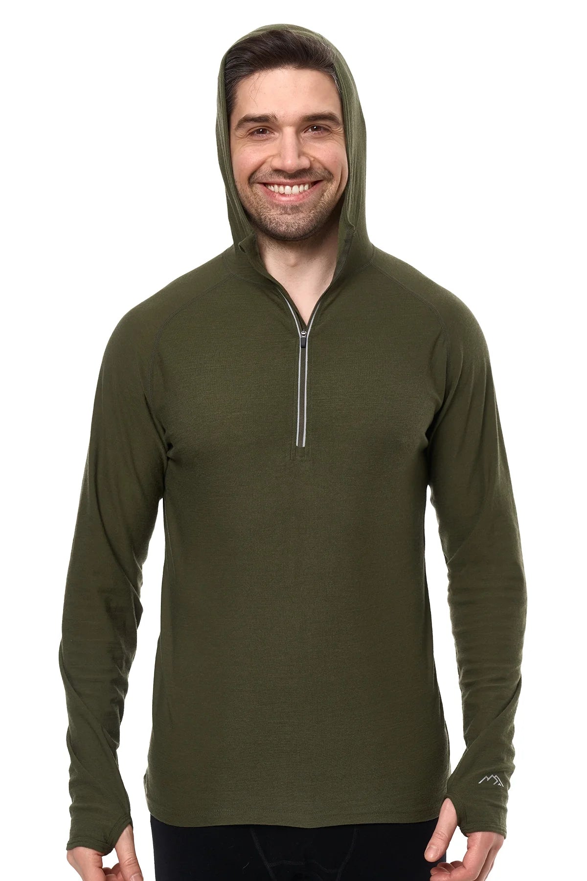 Men's Merino Wool Half Zip Hoodie 190 Dark Olive