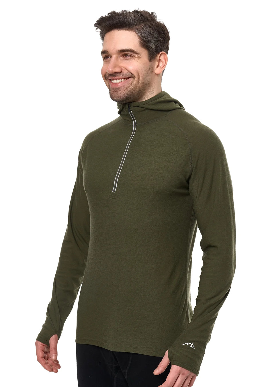 Men's Merino Wool Half Zip Hoodie 190 Dark Olive