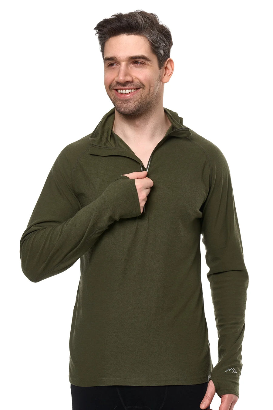 Men's Merino Wool Half Zip Hoodie 190 Dark Olive