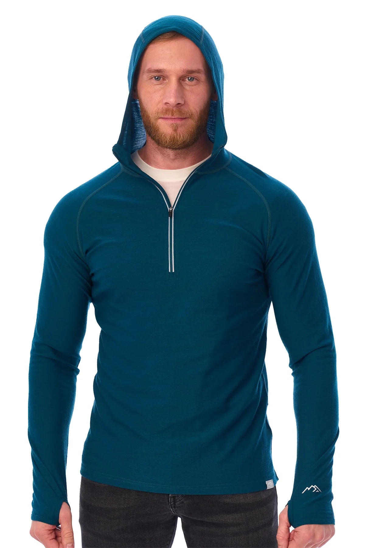 Men's Merino Wool Half Zip Hoodie 190 Deep Teal