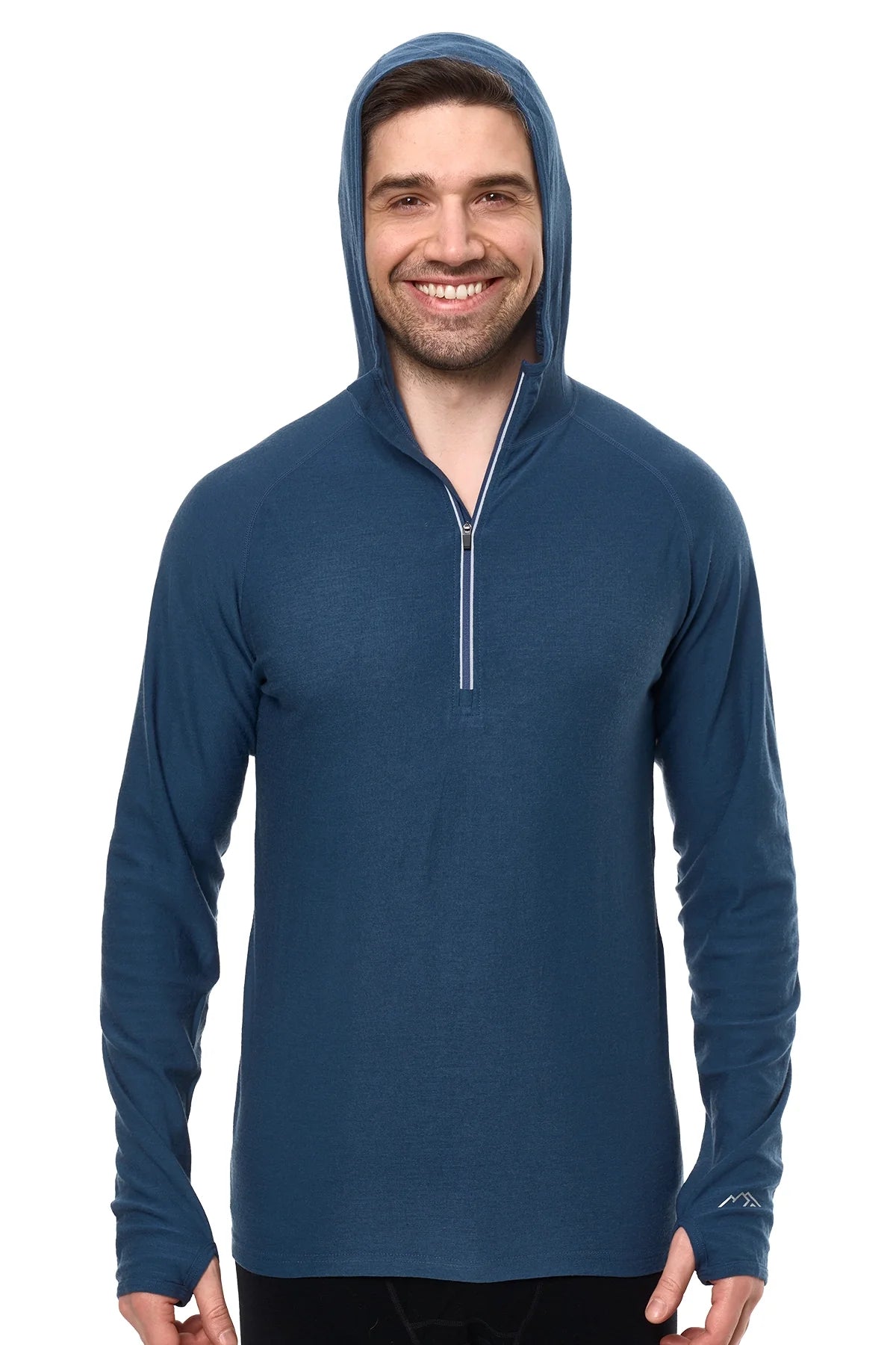 Men's Merino Wool Half Zip Hoodie 190 Denim Blue
