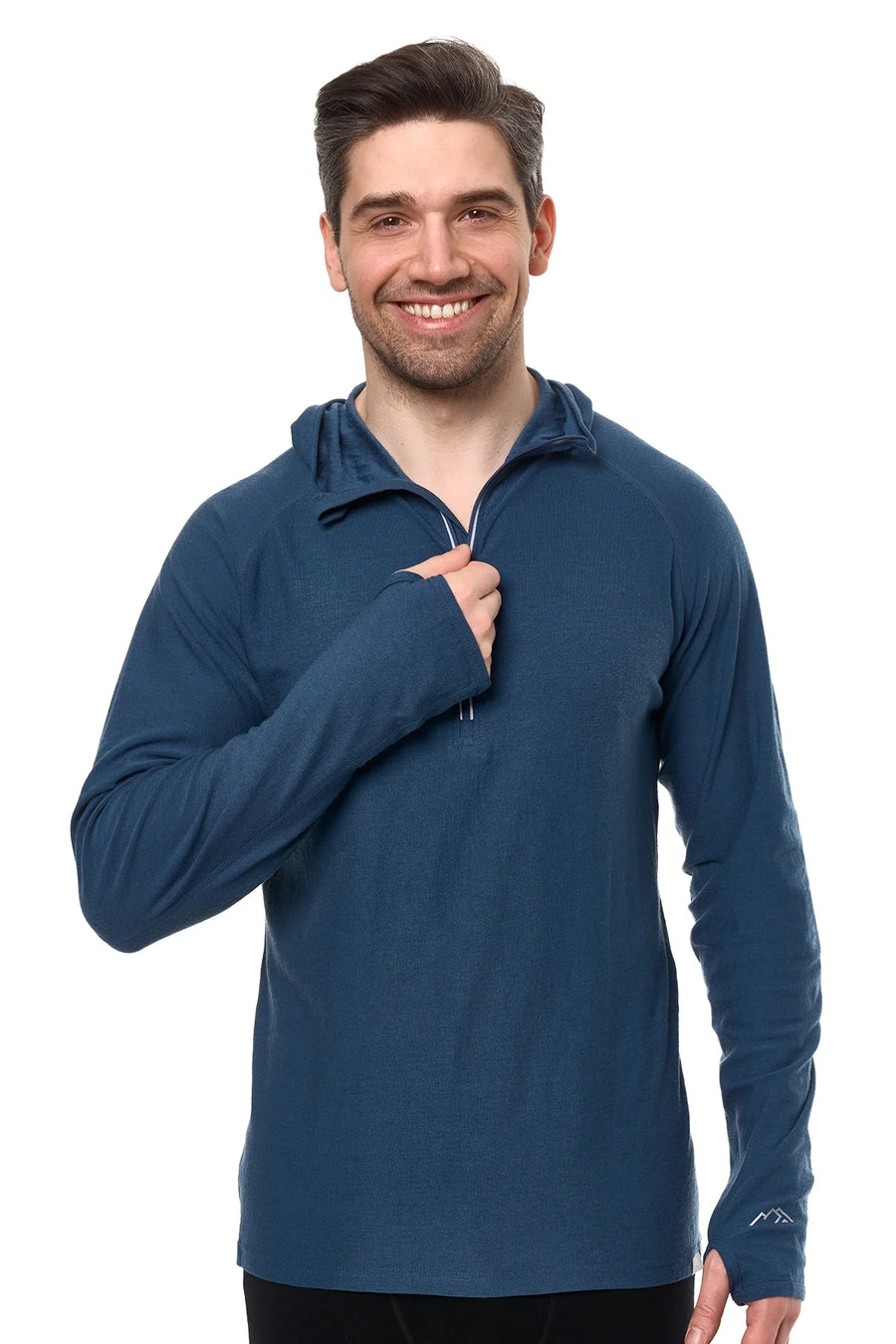 Men's Merino Wool Half Zip Hoodie 190 Denim Blue