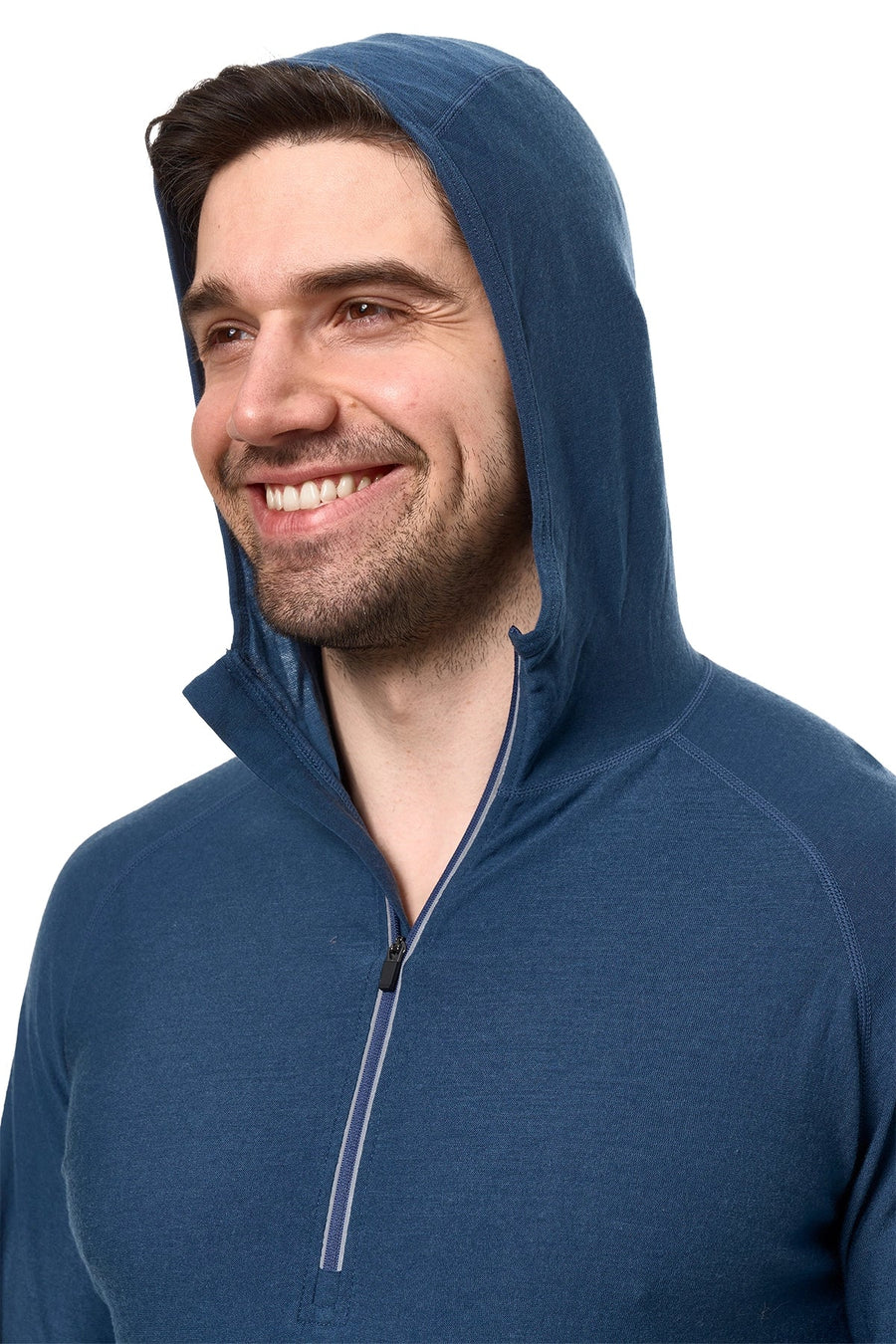 Men's Merino Wool Half Zip Hoodie 190 Denim Blue