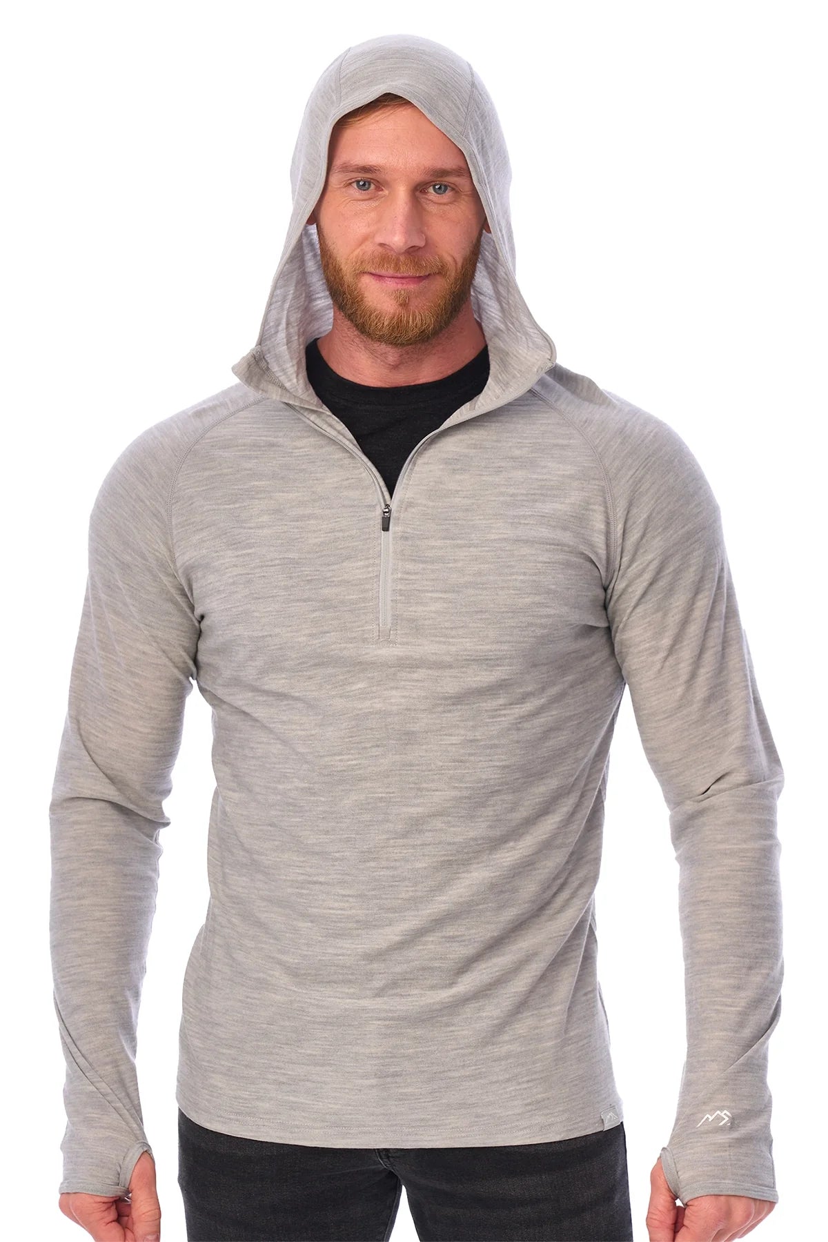 Men's Merino Wool Half Zip Hoodie 190 Heather Grey