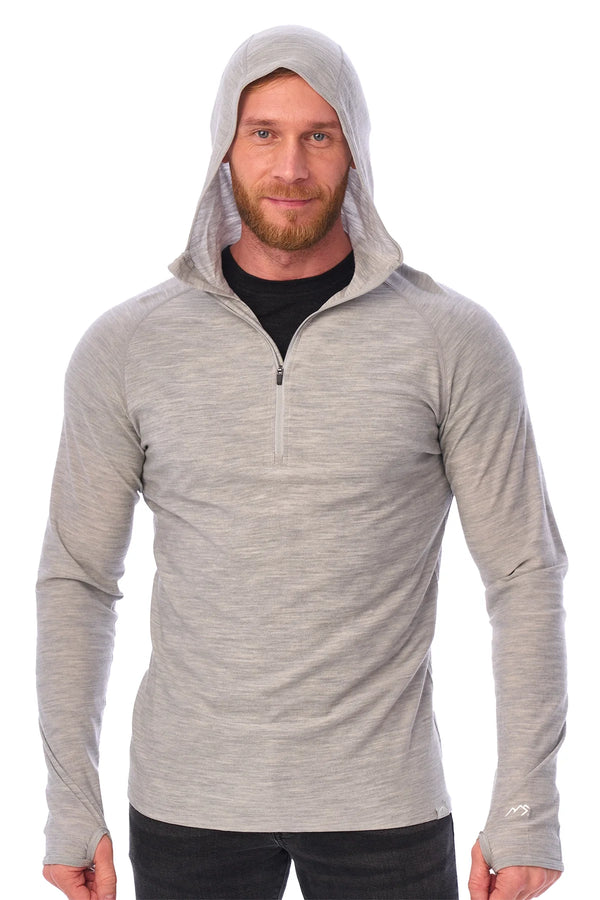 Men's Merino Wool Half Zip Hoodie 190 Heather Grey