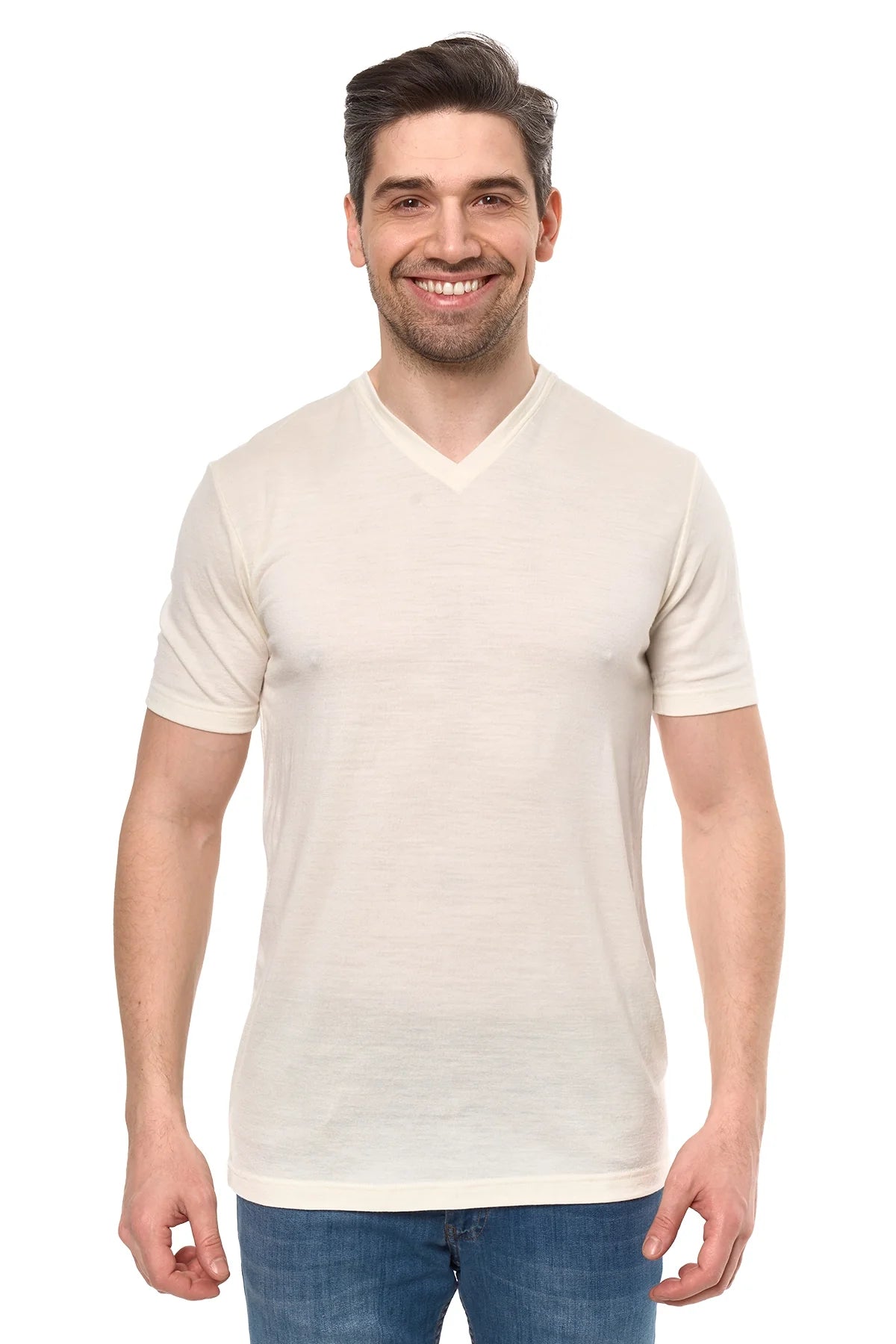 Men's Merino Sport T-shirt Ivory White | V-Neck