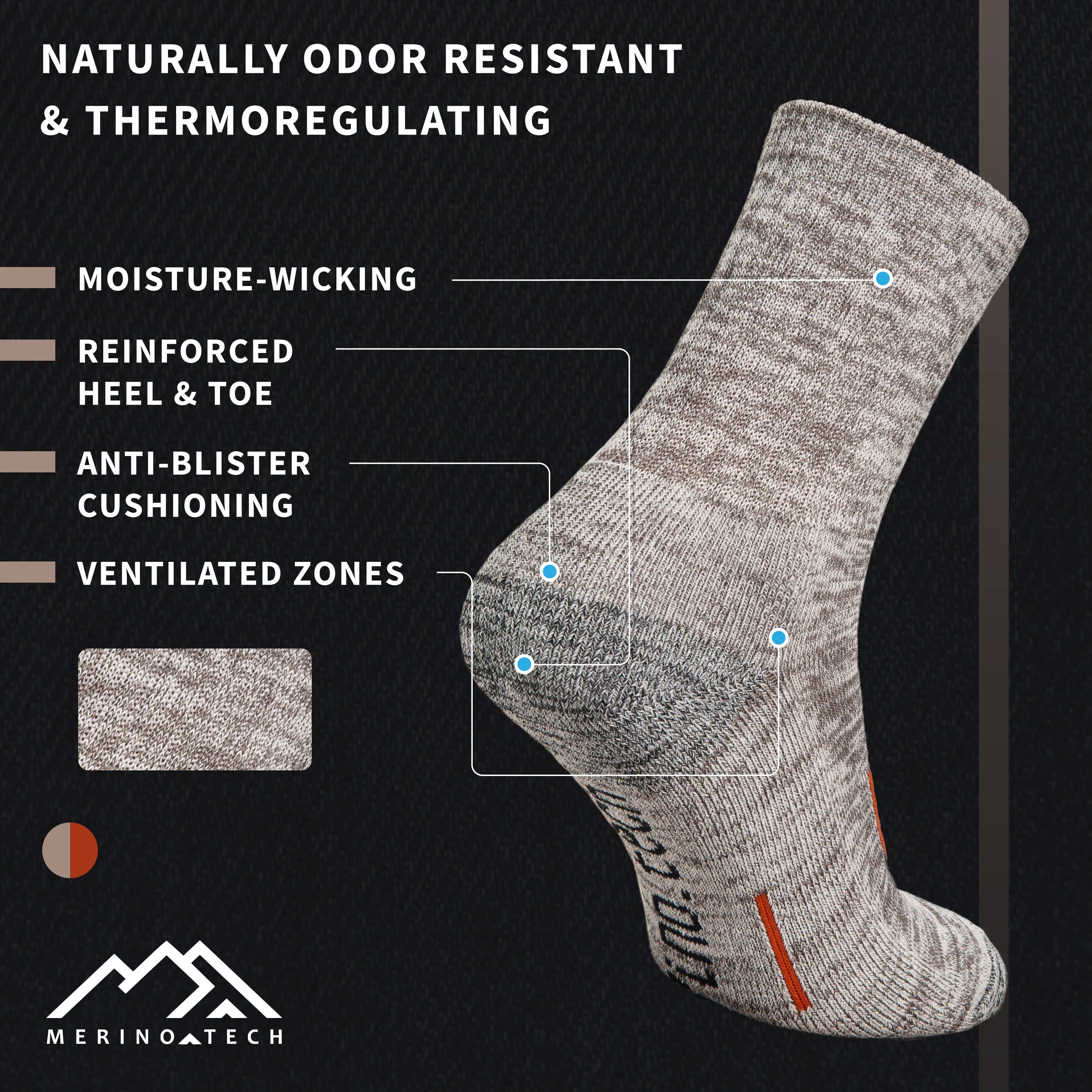 Merino Wool Hiking Socks - (Pack of 2) Heathered Grey