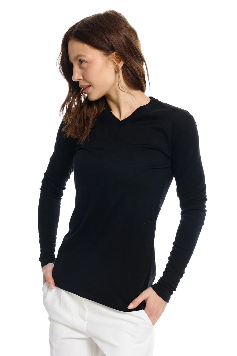 Women's Merino Long Sleeve 190 Black | V-Neck
