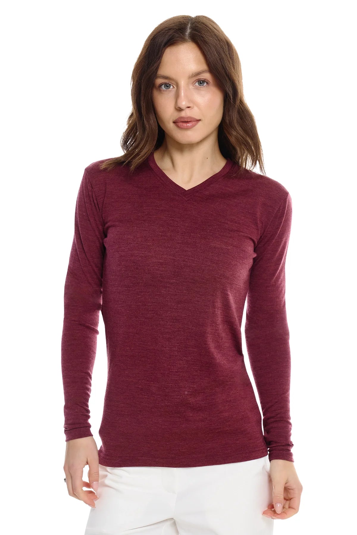 Women's Merino Long Sleeve 190 Burgundy | V-Neck