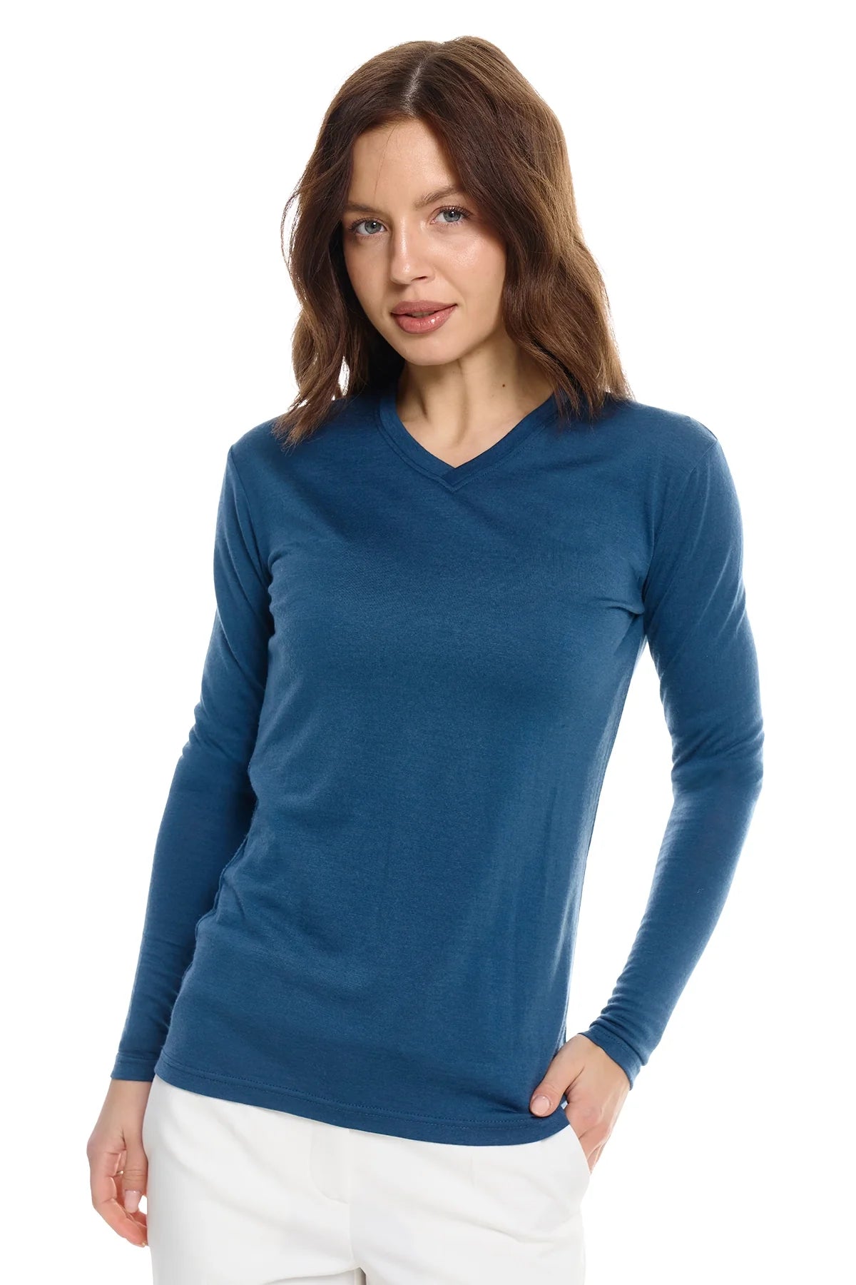 Women's Merino Long Sleeve 190 Denim | V-Neck
