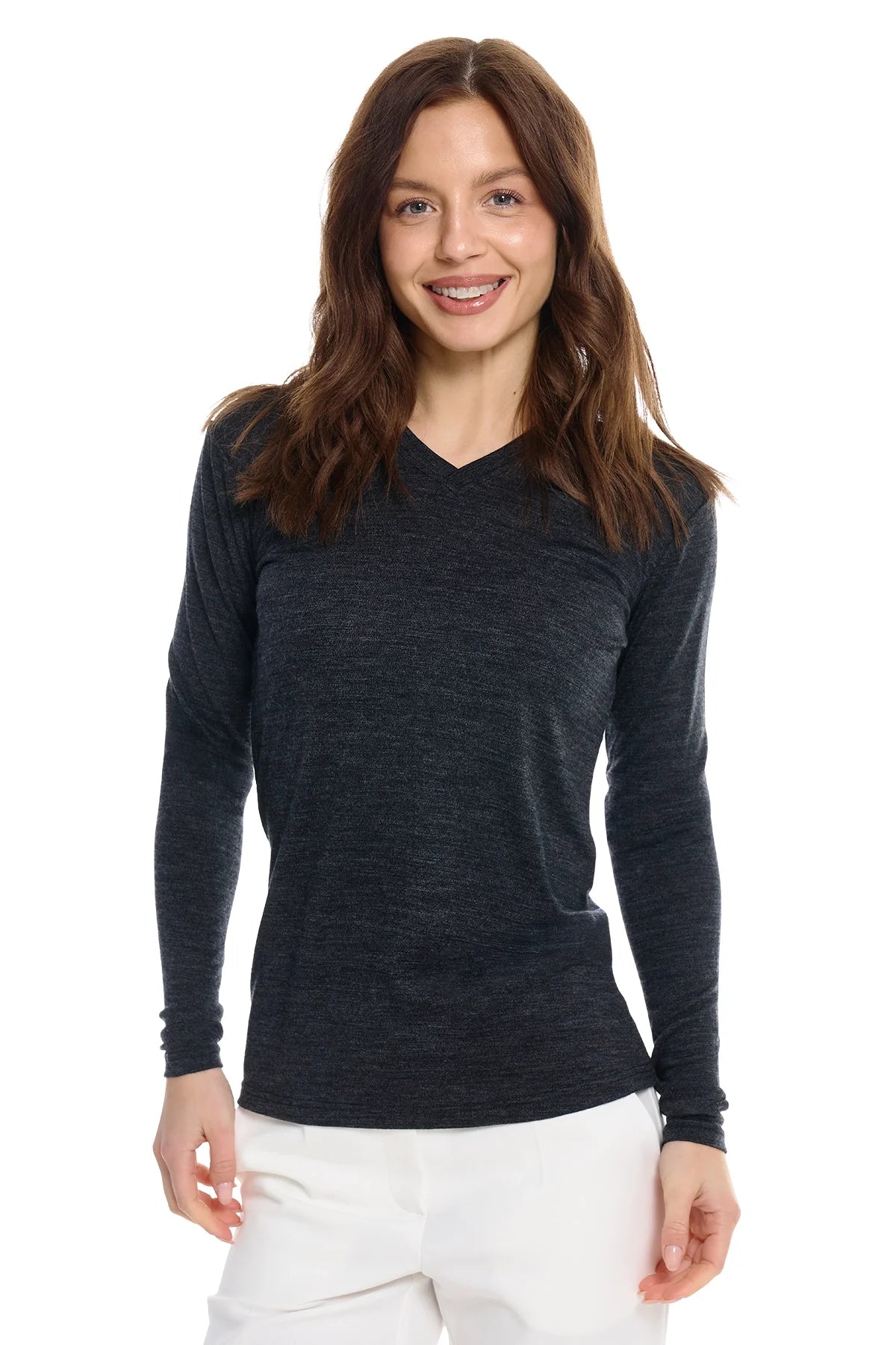 Women's Merino Long Sleeve 190 Melange Black | V-Neck