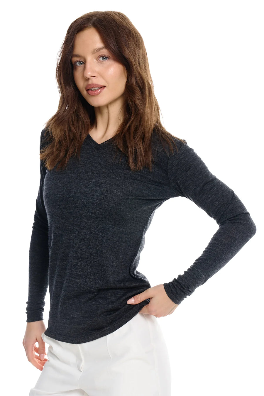 Women's Merino Long Sleeve 190 Melange Black | V-Neck