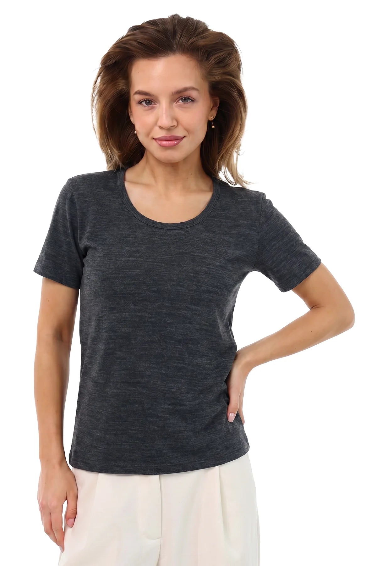 Women's Merino T-shirt 180 Melange Black | Scoop Neck