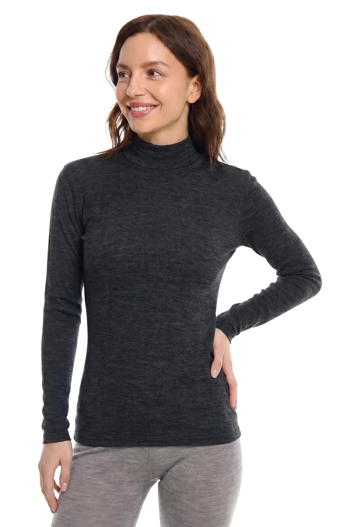 Women's Merino Turtleneck Long Sleeve 260 Heathered Black | Low Neck