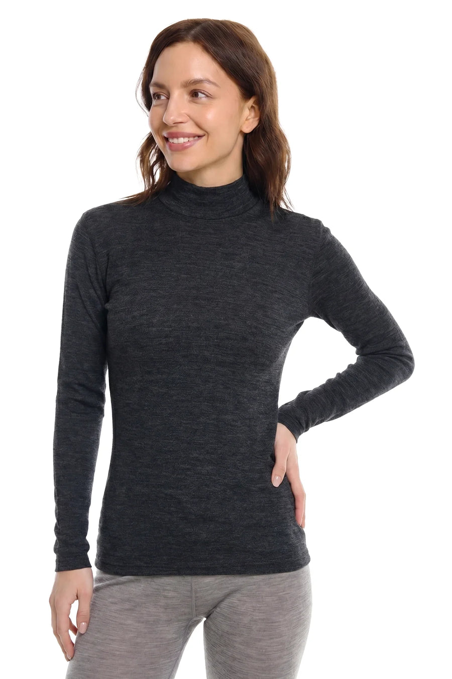 Women's Merino Turtleneck Long Sleeve 260 Heathered Black | Low Neck