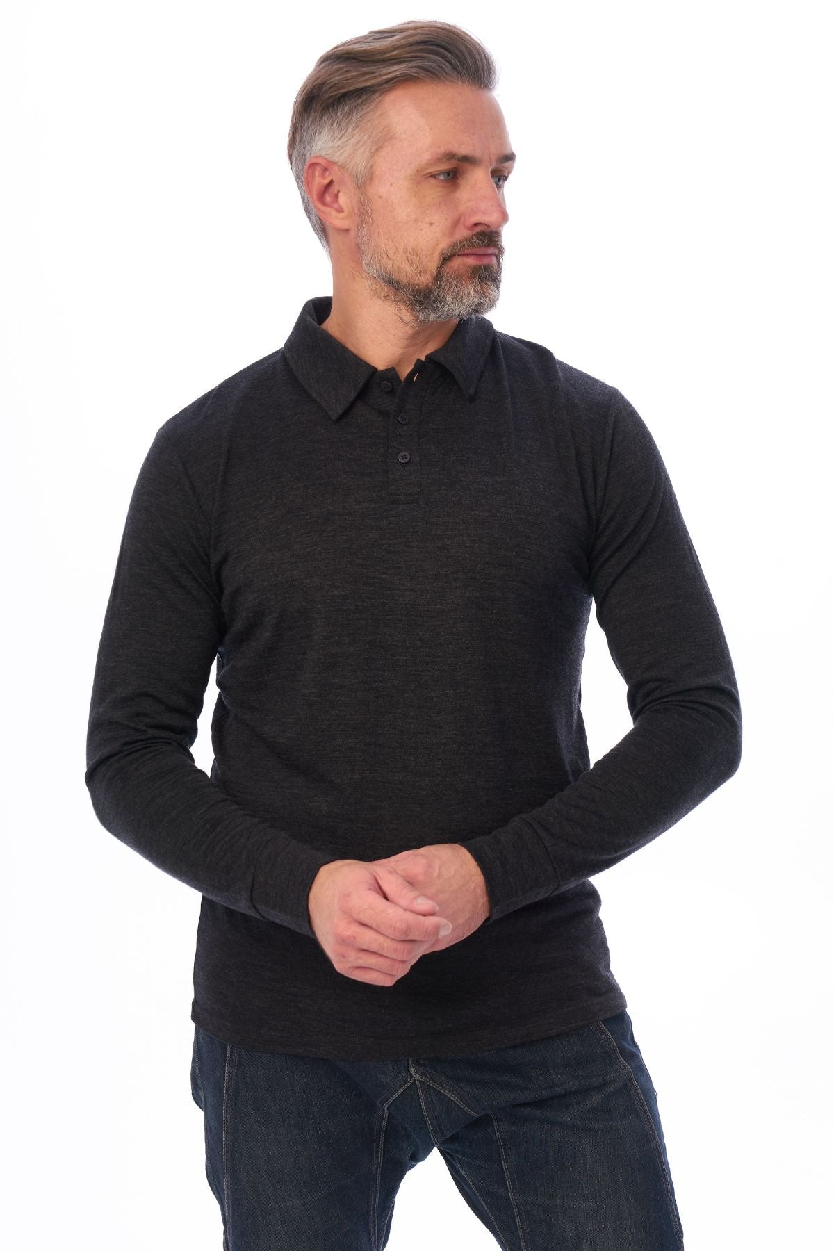 Men's Merino Wool Long Sleeve Polo Charcoal Grey
