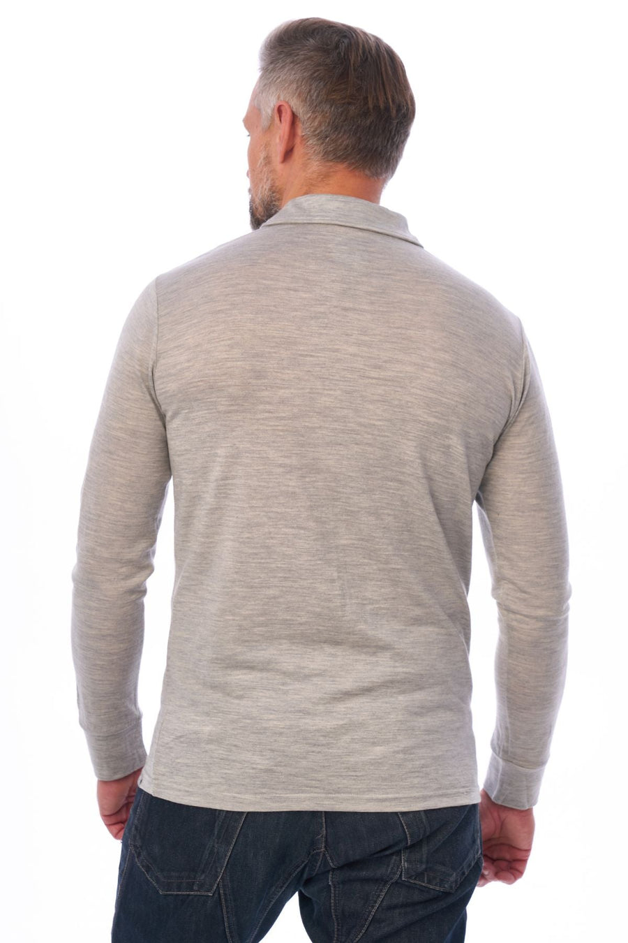 Men's Merino Wool Long Sleeve Polo Melange Grey