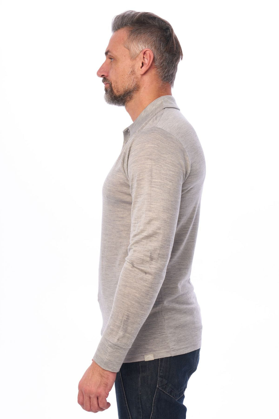 Men's Merino Wool Long Sleeve Polo Melange Grey