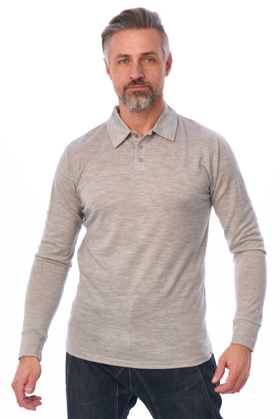 Men's Merino Wool Long Sleeve Polo Melange Grey