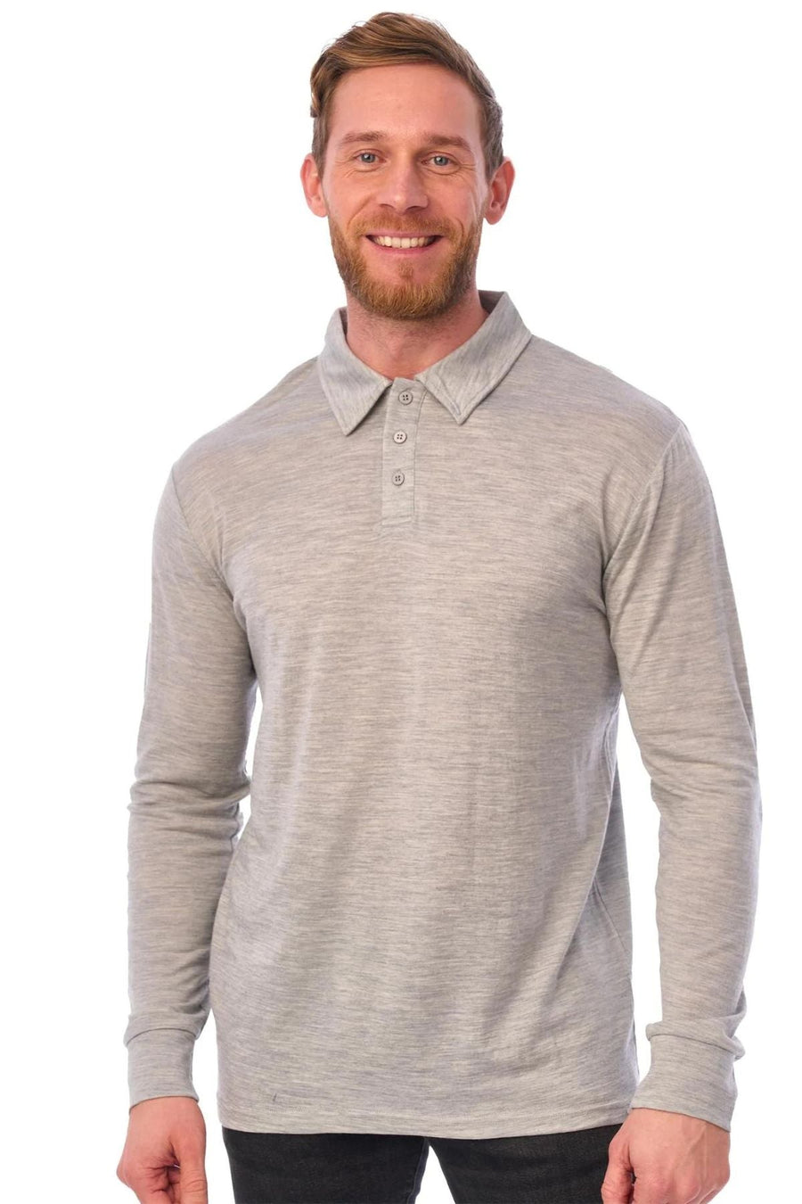 Men's Merino Wool Long Sleeve Polo Heather Grey