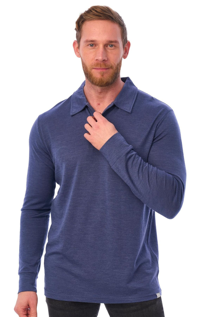 Men's Merino Wool Long Sleeve Polo Grey Blue