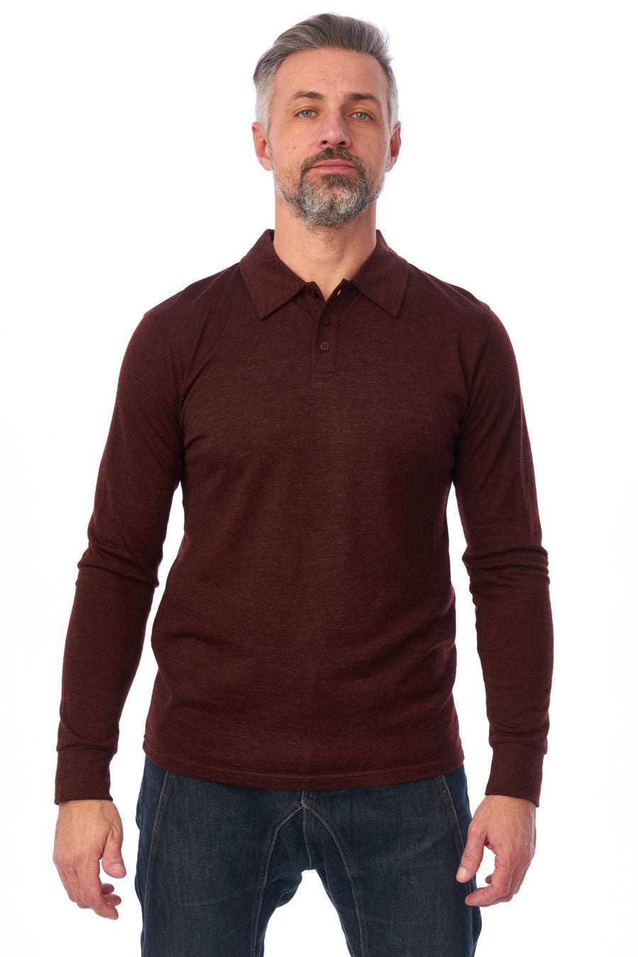 Men's Merino Wool Long Sleeve Polo Bordo Wine