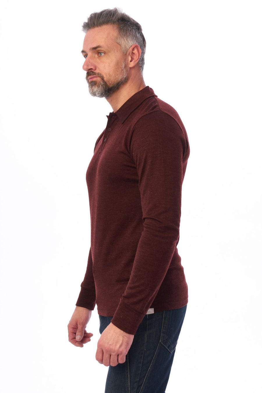 Men's Merino Wool Long Sleeve Polo Bordo Wine