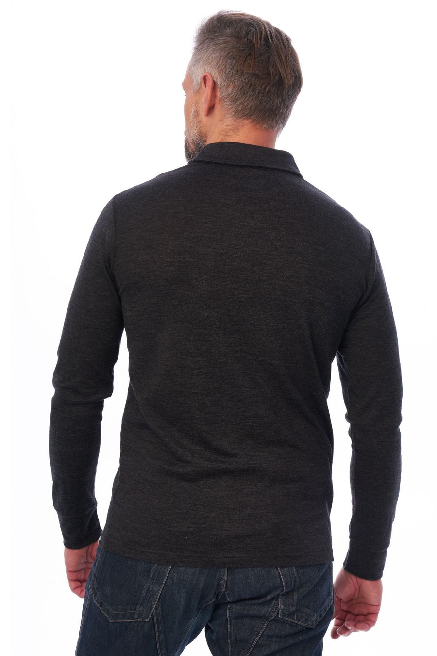 Men's Merino Wool Long Sleeve Polo Charcoal Grey