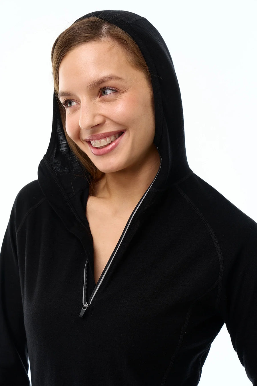 Women's Merino Wool Half Zip Hoodie 190 Black