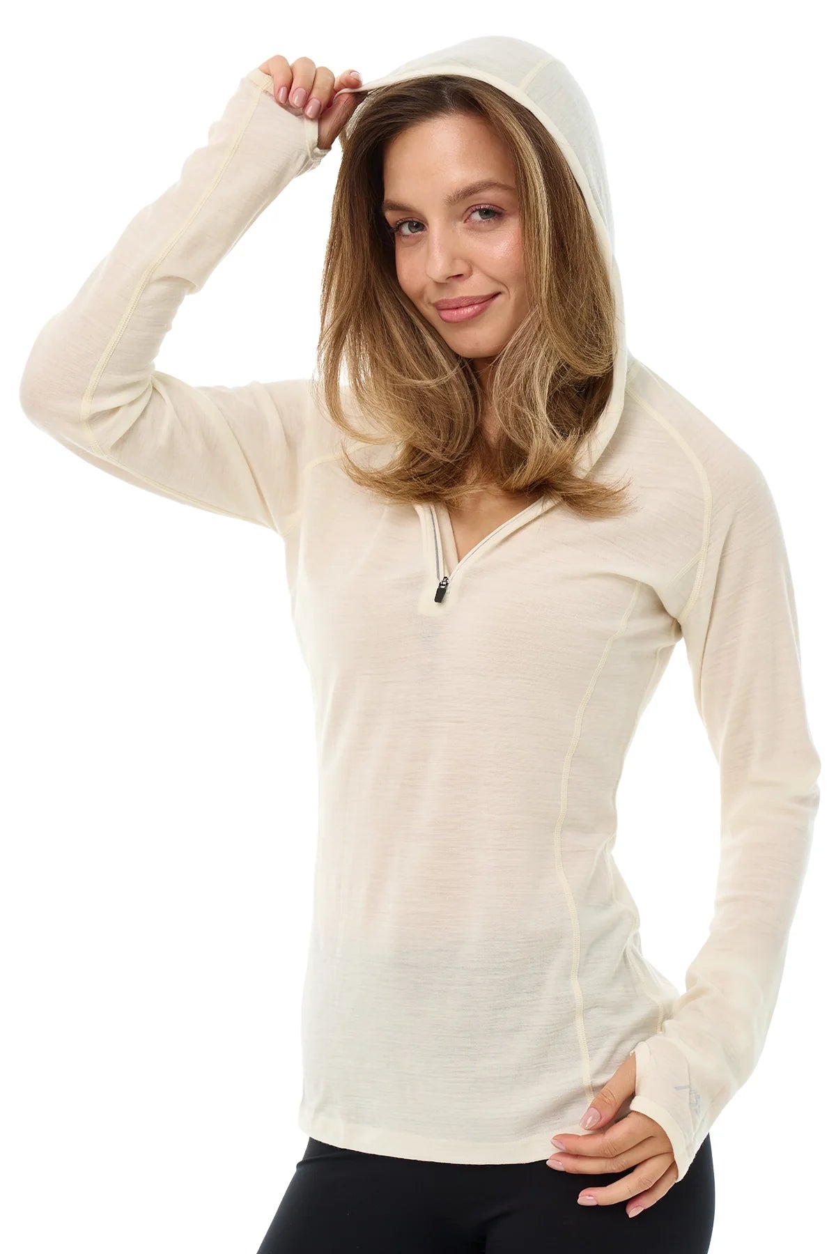Women's Merino Wool Half Zip Hoodie 190 Off White
