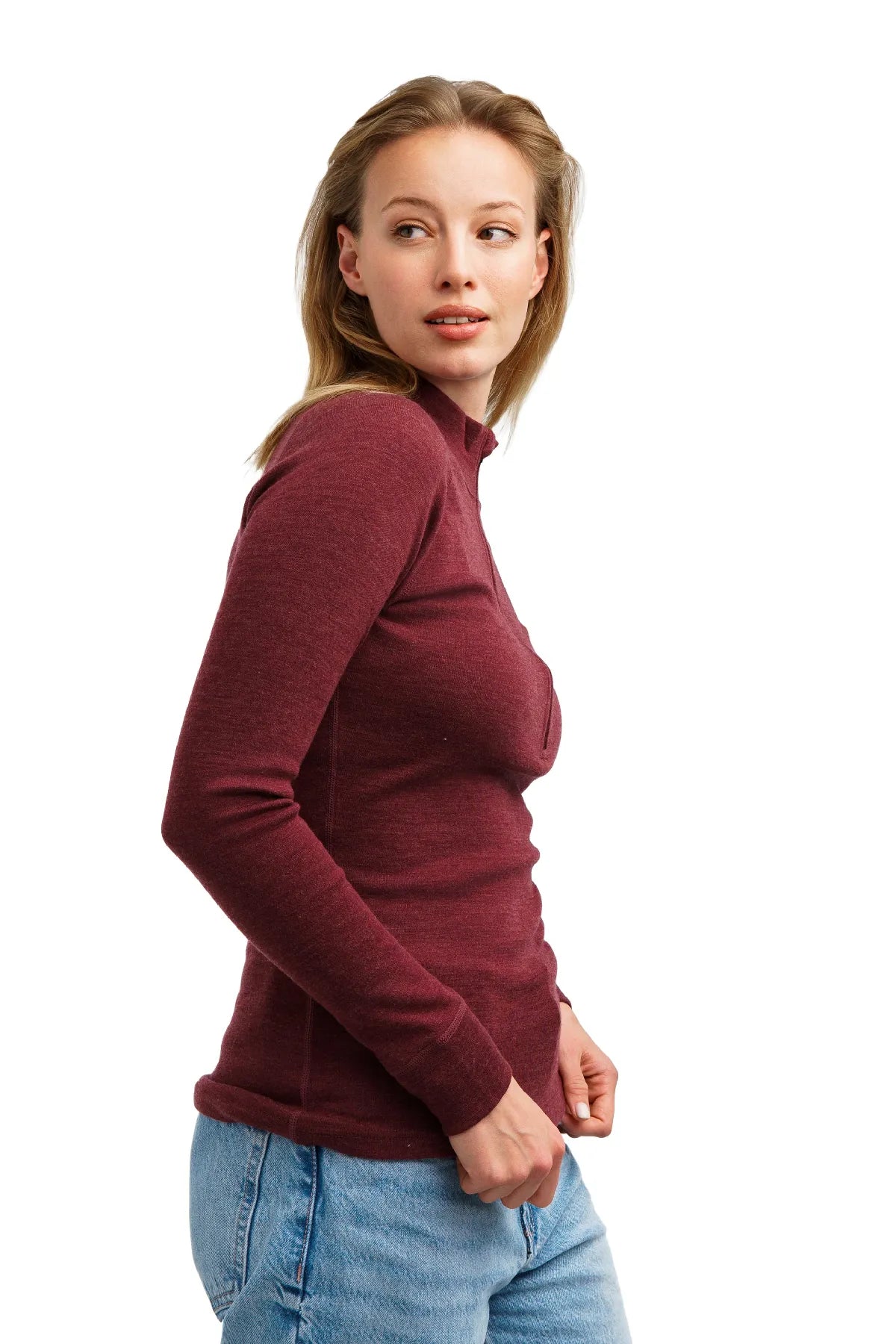 Women's Merino Half Zip Long Sleeve 320 Burgundy