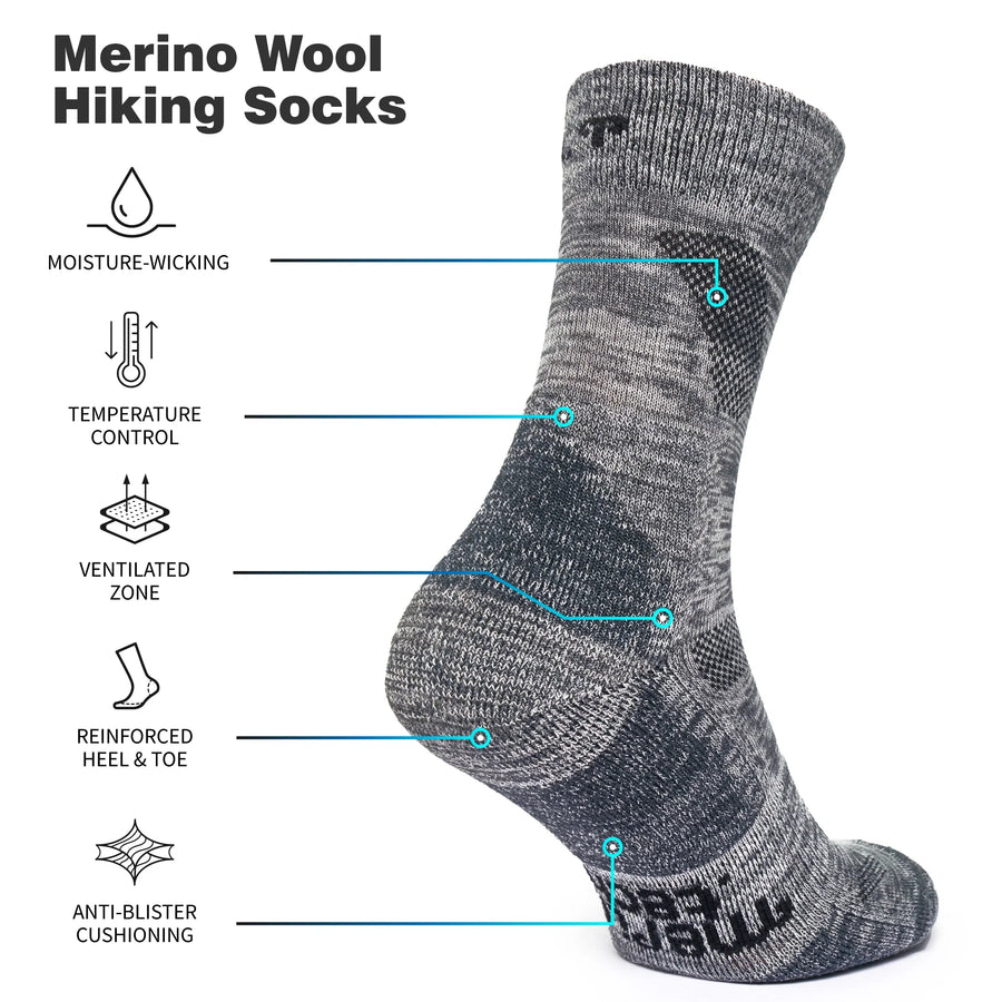 Merino Wool Hiking Socks - (Pack of 2) Iron Grey