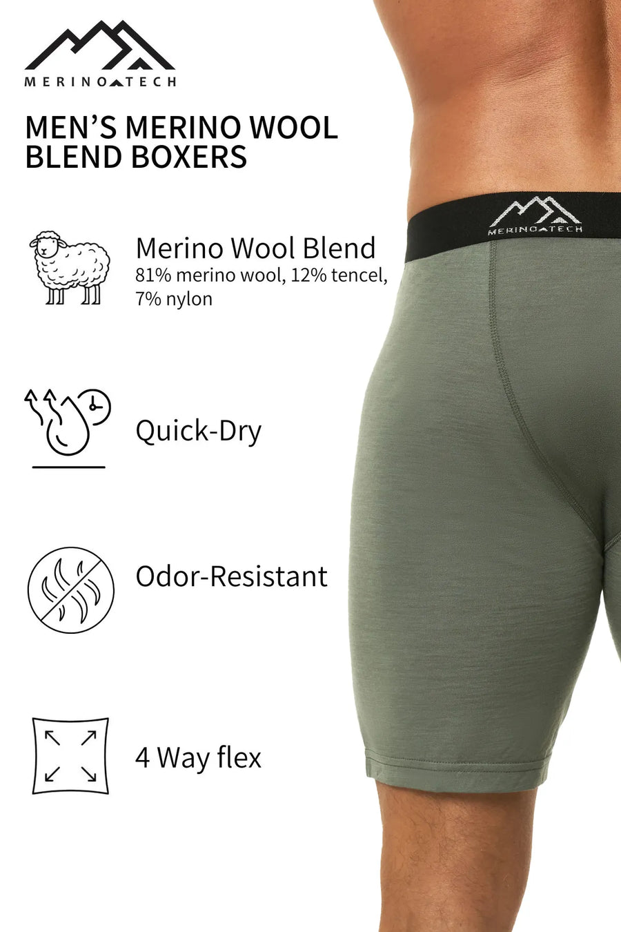 Men's Merino Boxers Grey Green (1 Pack)